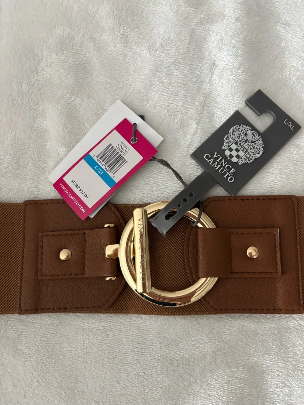 Vince Camuto Tan Wide Elastic Belt with Gold Ring Buckle